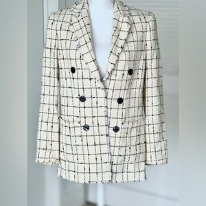 REBECCA TAYLOR, Sz 6, Cream Windowpane Plaid Tweed Double Breasted Blazer
